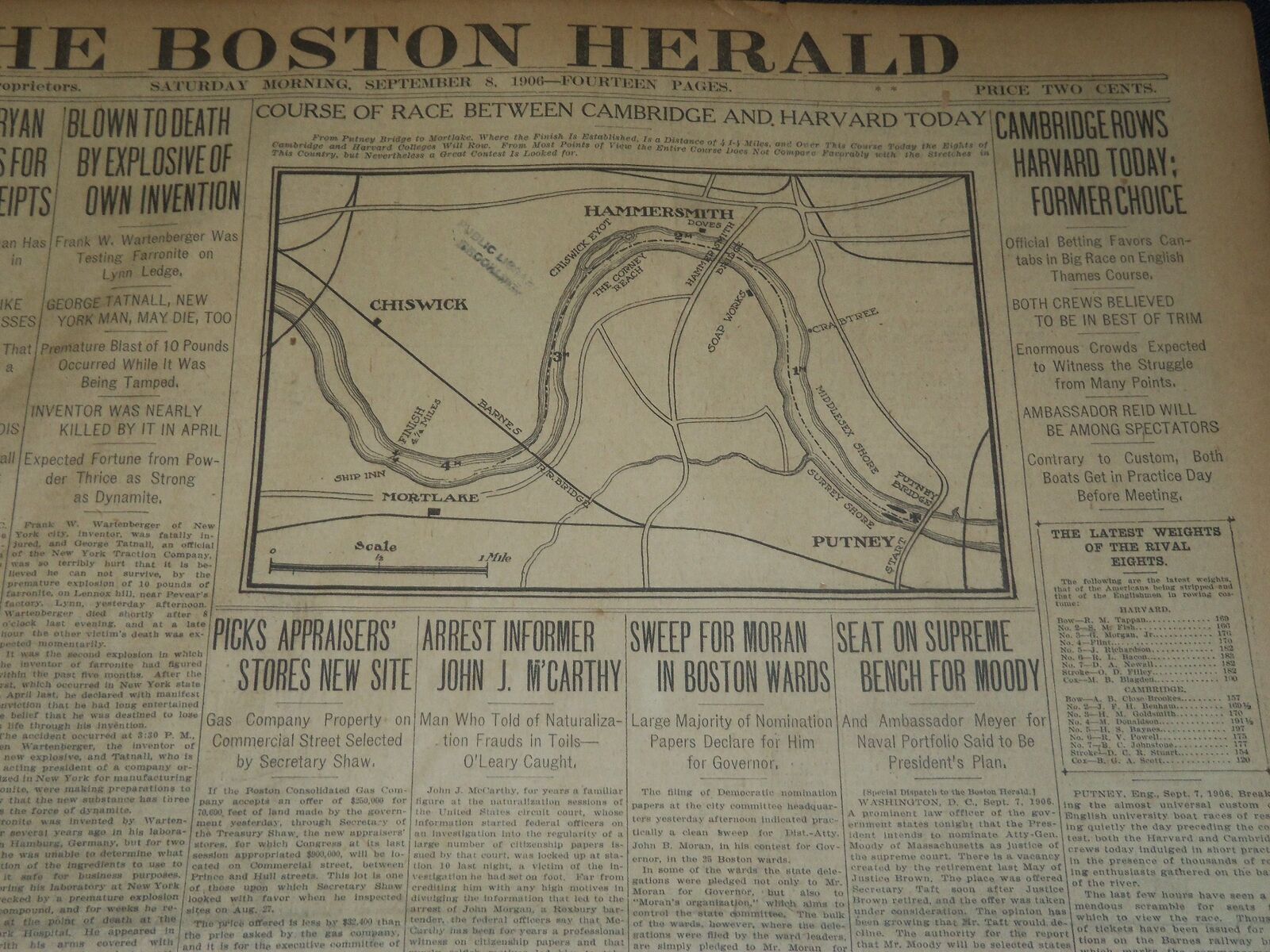 1906 SEPTEMBER 8 THE BOSTON HERALD - CAMBRIDGE ROWS HARVARD TODAY - BH 100