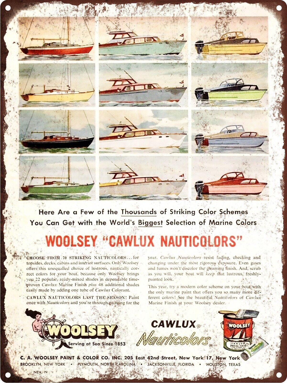 1957 Woolsey Marine Paint Nauticolors Boat Man Cave Metal Sign Repro 9x12\