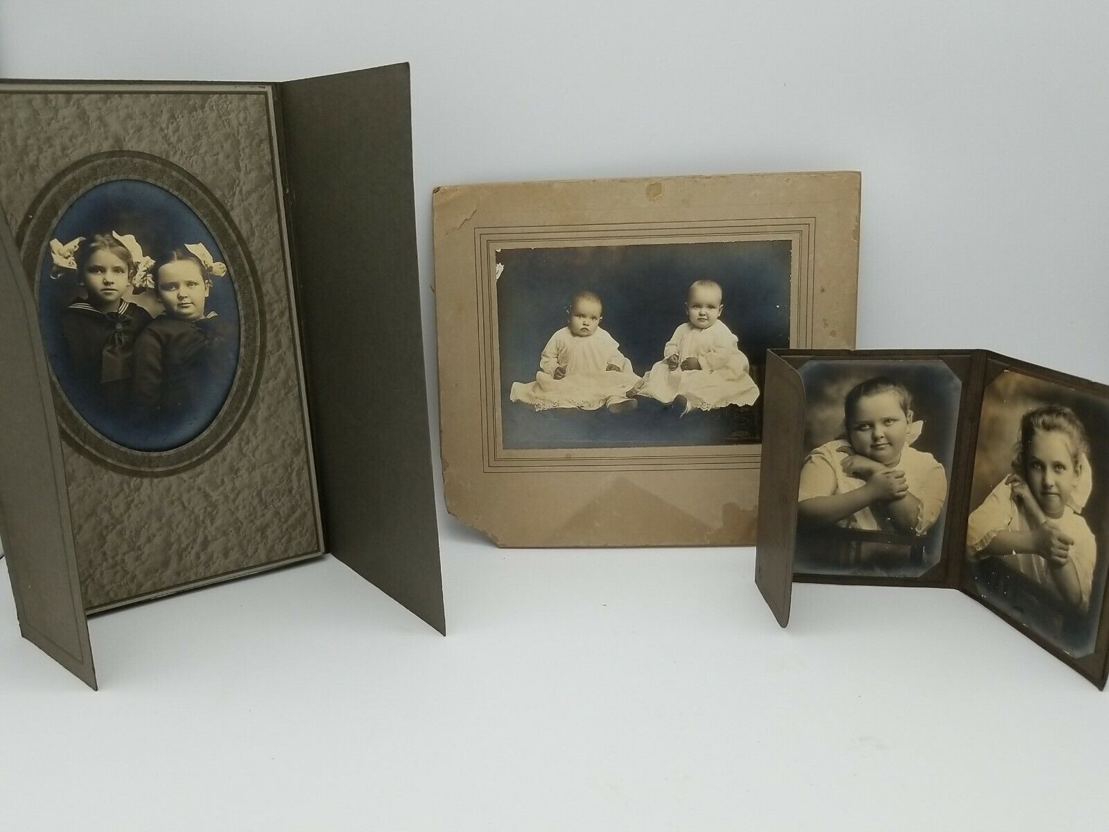 3 Photographs of Twin Girls Infant to School Age Cabinet Cards Antique Vintage 