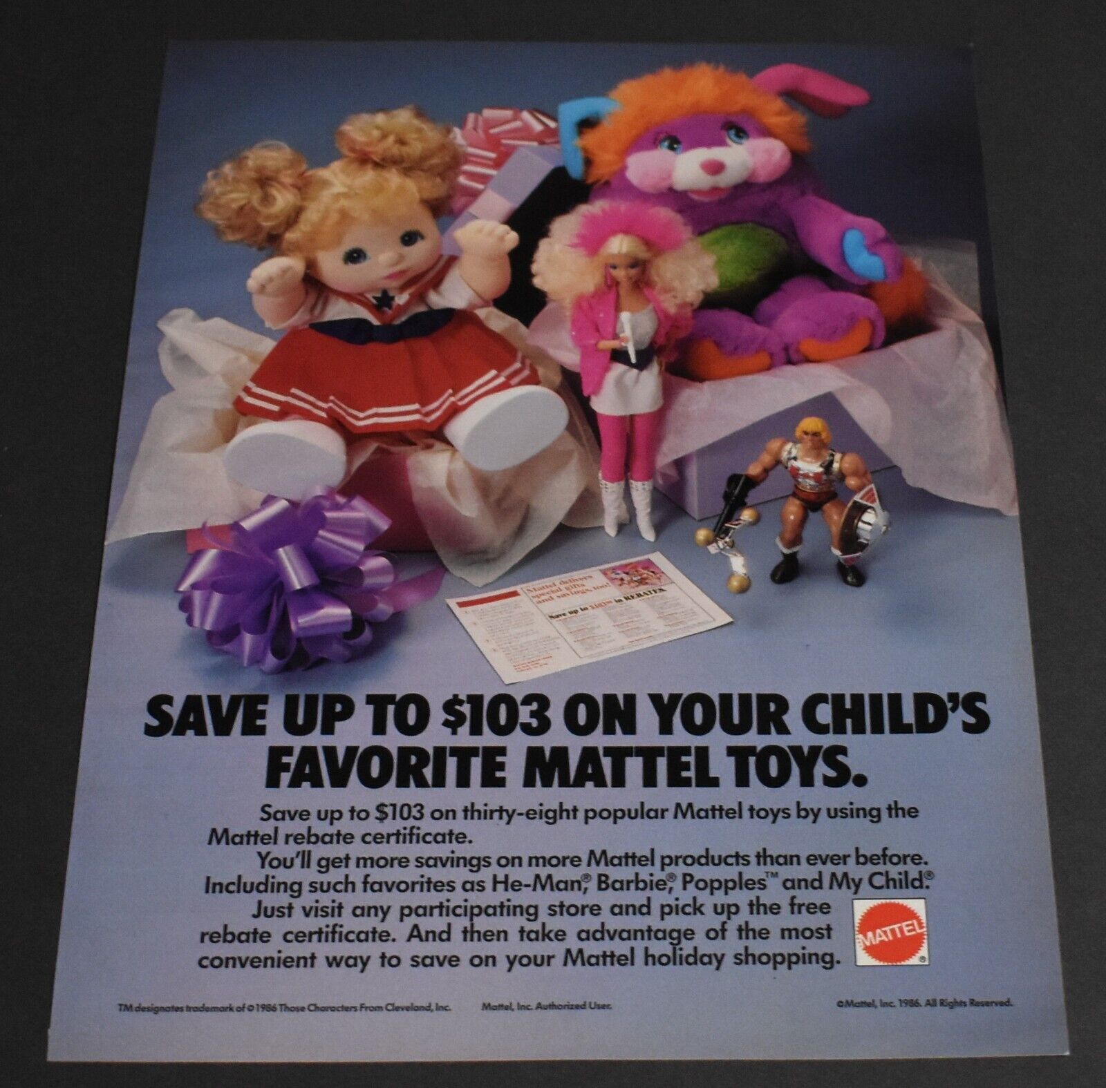 1986 Print Ad Mattel Toys Barbie He-Man Popples My Child Rebate Certificate art