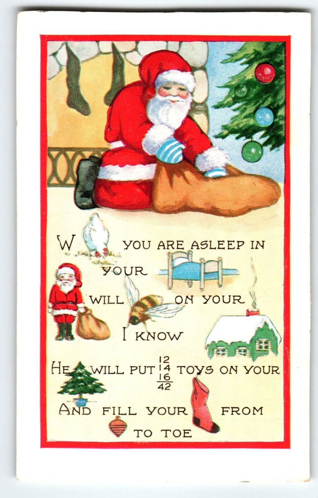 Santa Claus Christmas Postcard When You Are Asleep In Bed Poem Whitney Vintage