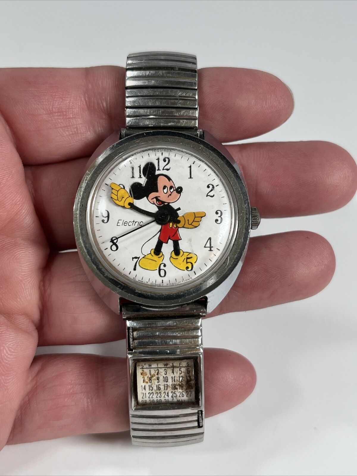 Vtg 1970\'s Timex Electric Disney Mickey Mouse Watch Stainless Band Calendar