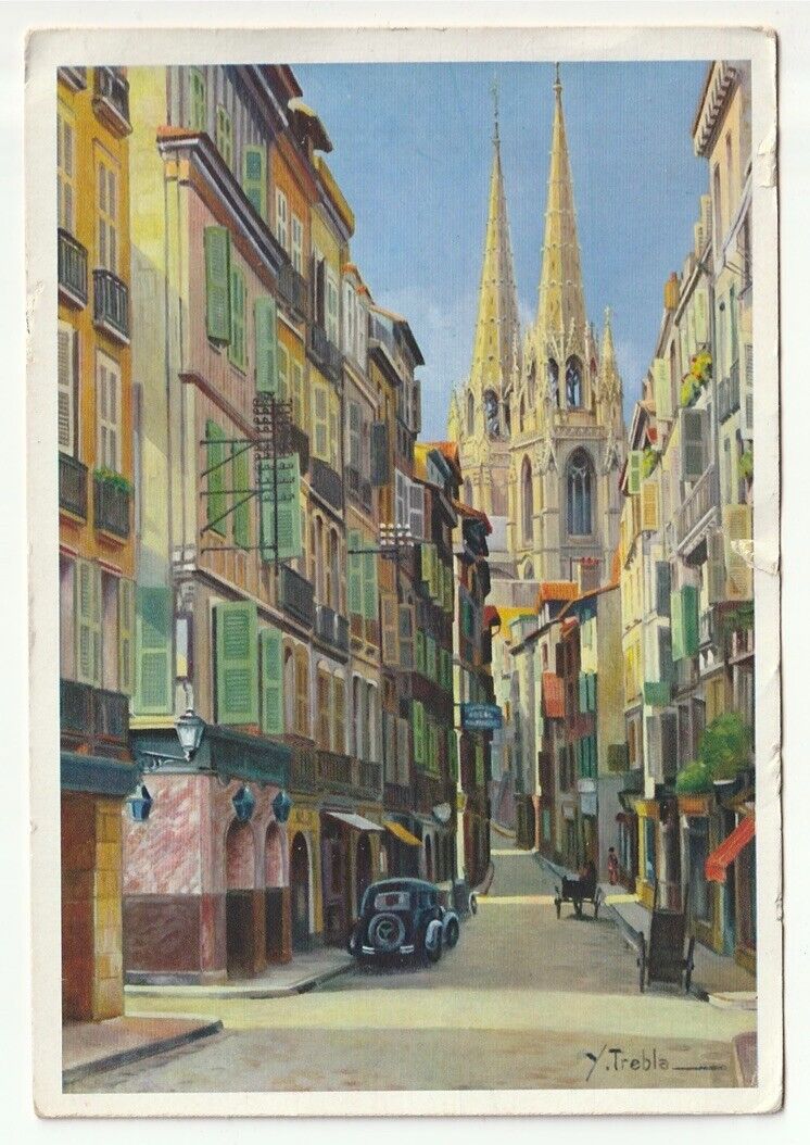 Vintage illustrated PC Bayonne, France Arceaux du Port-Neuf et la Cathedrale