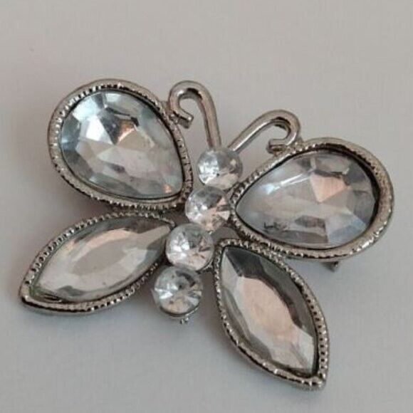 Silvertone Butterfly Faux Crystal Wings Lapel Brooch Pin