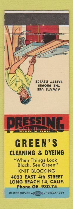 Matchbook Cover - Green\'s Cleaning Dyeing Long Beach CA