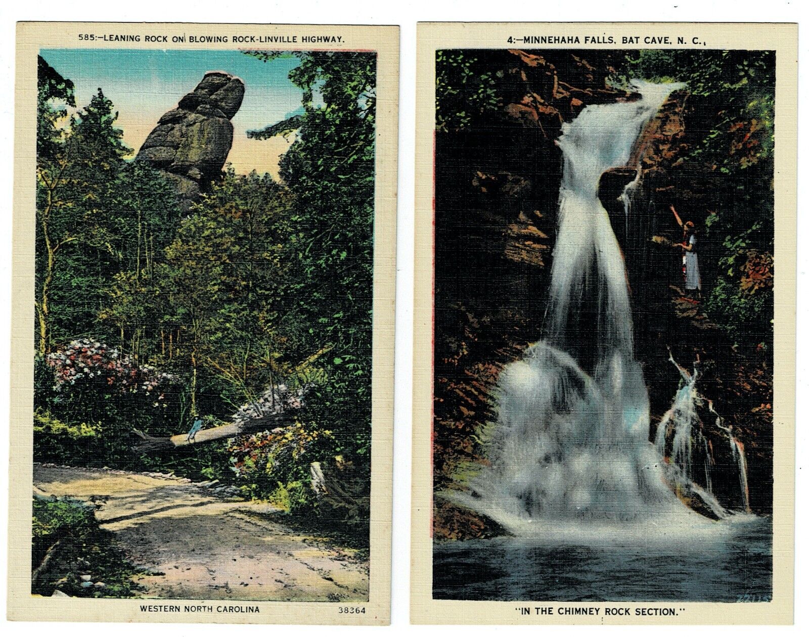 Vintage Postcard Bat Cave and Blowing Rock, NC 2 cards - A person on each card