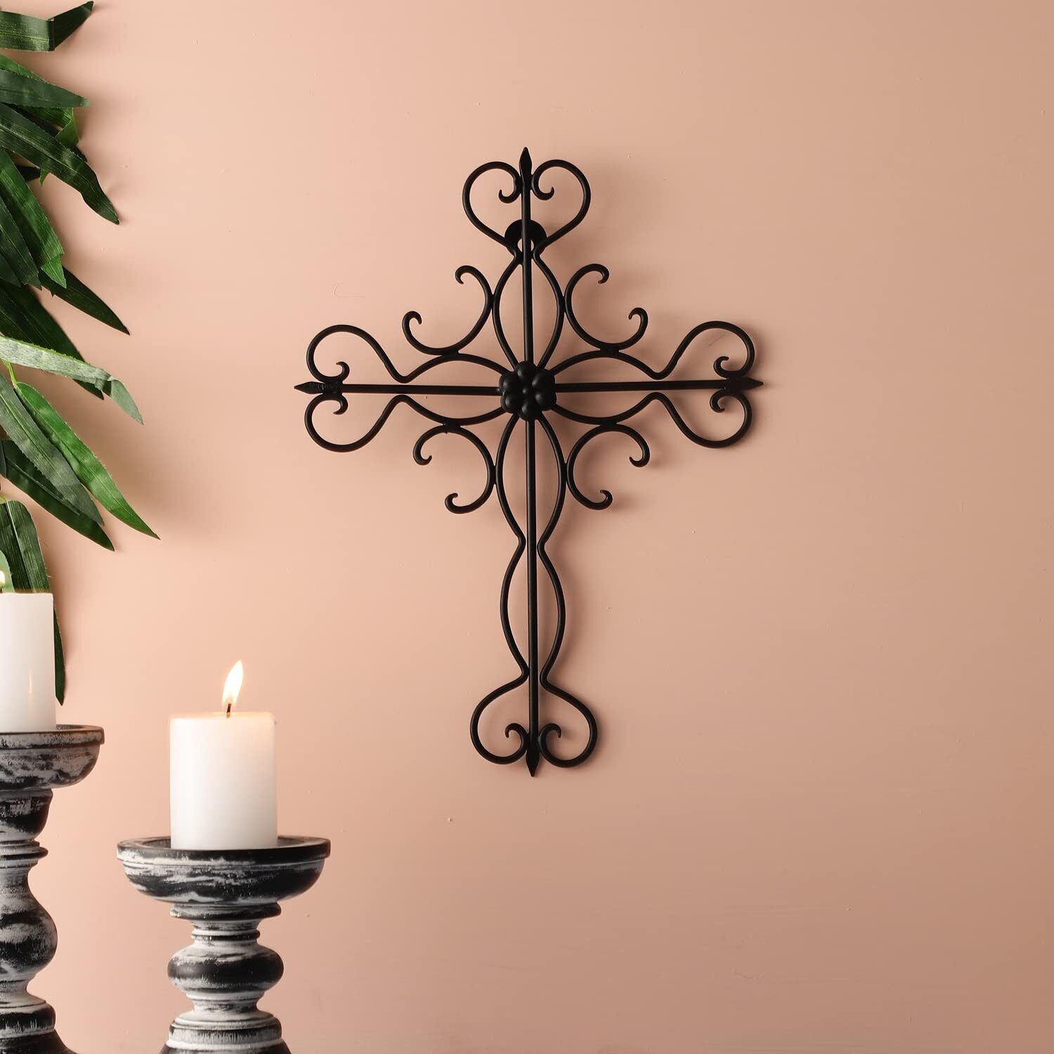 Large Decorative Hanging Wall Cross Black 14 x 10 Inches - Decorative Metal W...
