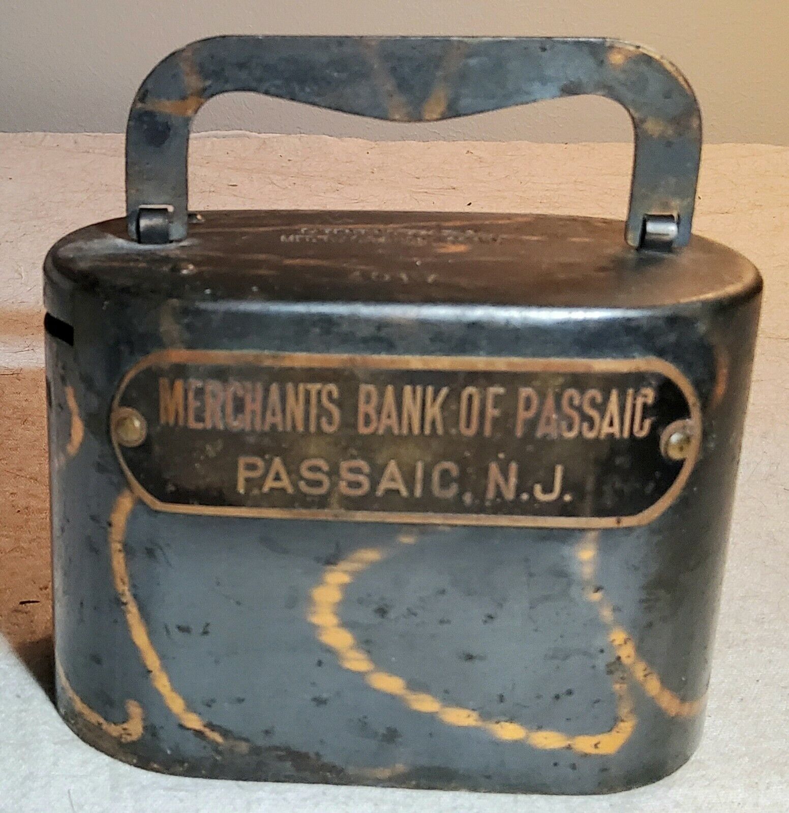 ANTIQUE MERCHANTS BANK OF PASSAIC PASSAIC, NEW JERSEY COIN BANK w/COPPER STREAKS