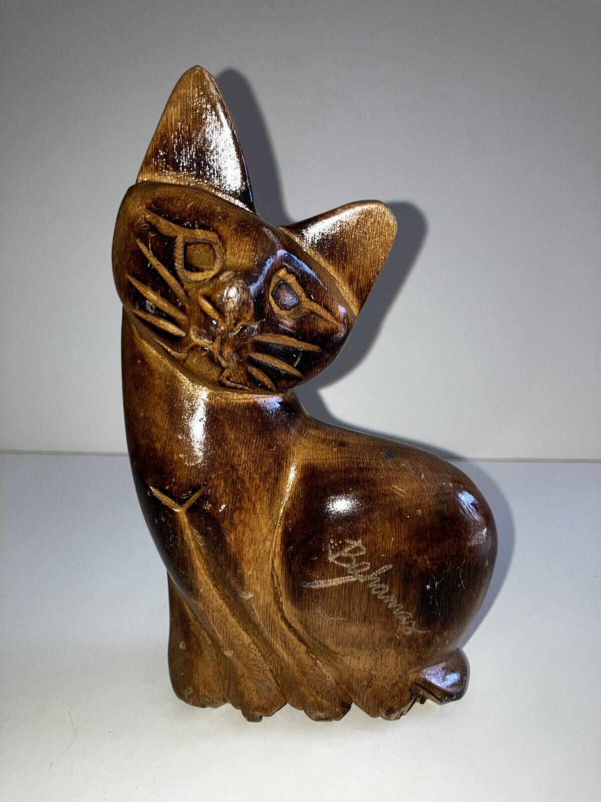 VTG Wooden Sitting Cat Large 6”  Hand Carved Souvenir Used