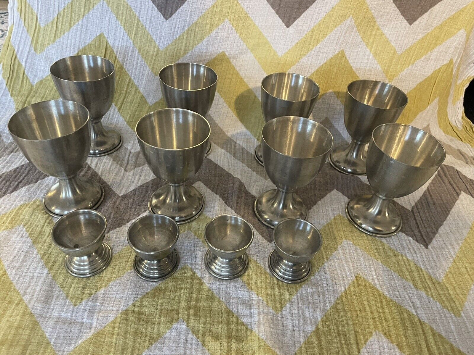 VINTAGE WMF Rein Zinn PEWTER CUP SET OF 8 Cups & 4 Egg Cups