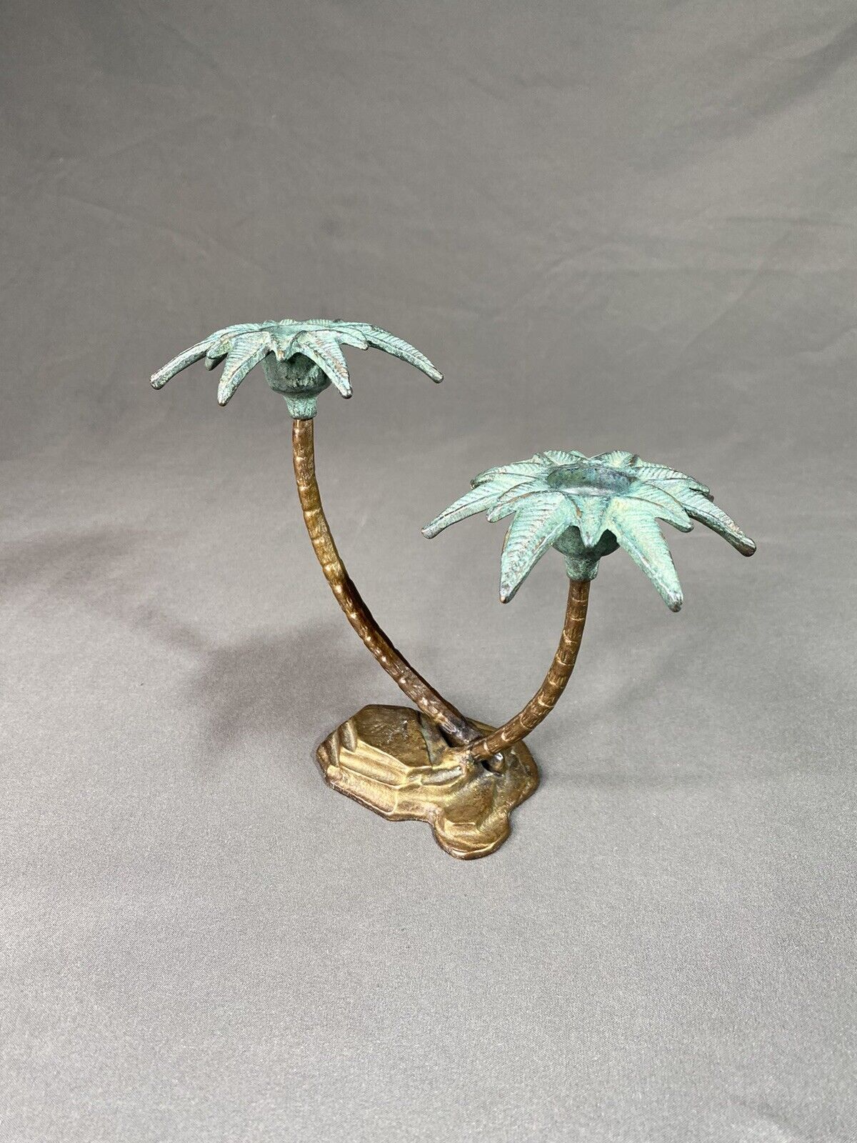 Vintage Metal Brass Palm Tree Dual Taper Candle Holder 6x8” *READ Island Decor