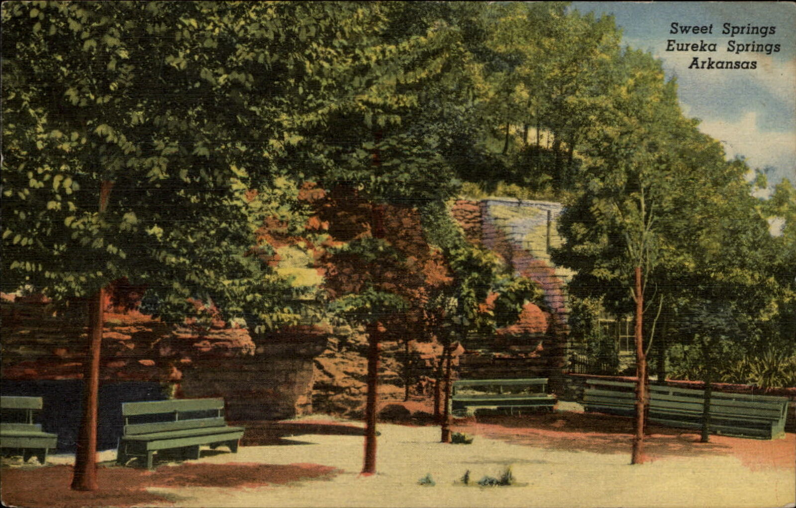 Eureka Springs Arkansas ~ Sweet Springs ~ green benches ~ linen postcard sku093