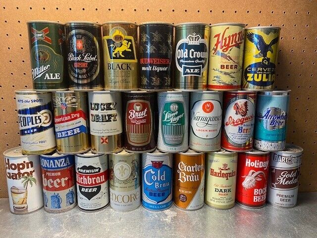 Set of 24 different straight steel 12oz. empty pull tab zip top beer cans lot 3