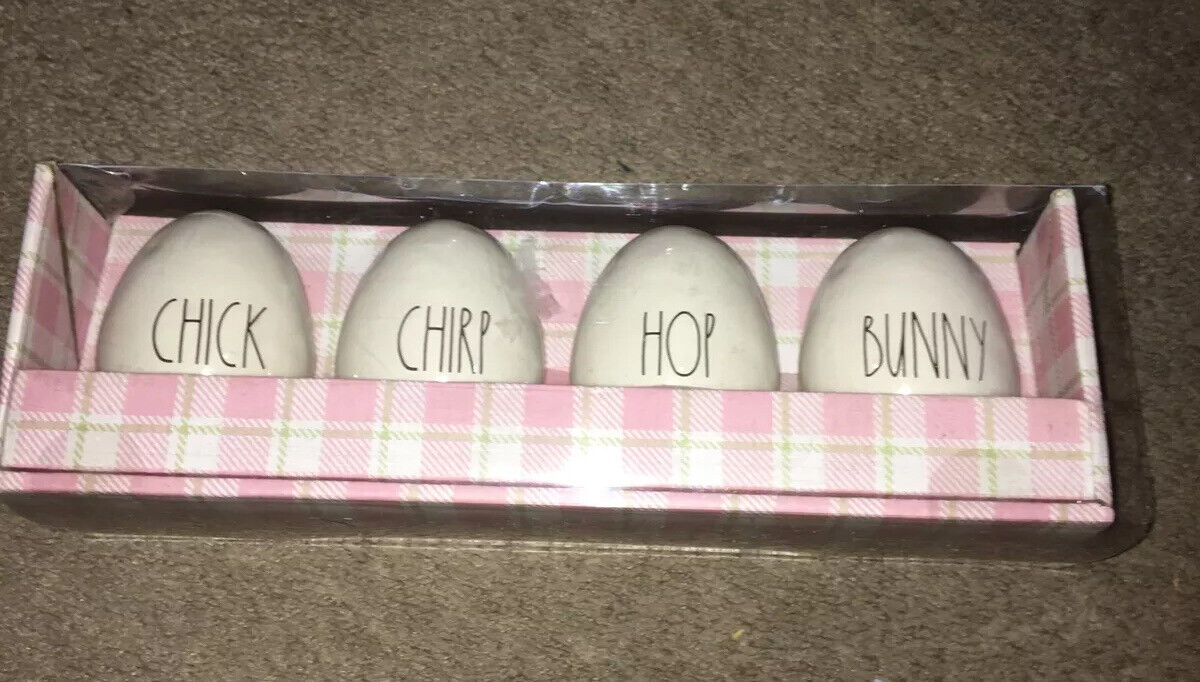 Rae Dunn Artisan Collection Eggs NIOB Set Of 4 White Chick, Chirp, Hop & Bunny