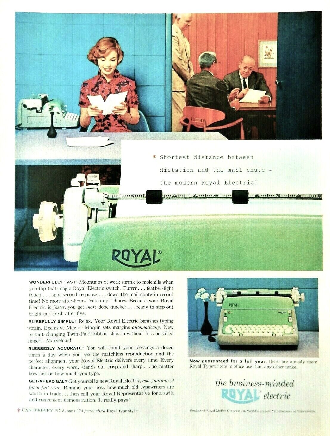 Royal vintage electric typewriter ad  1959 Canterburry Pica  advertisement 