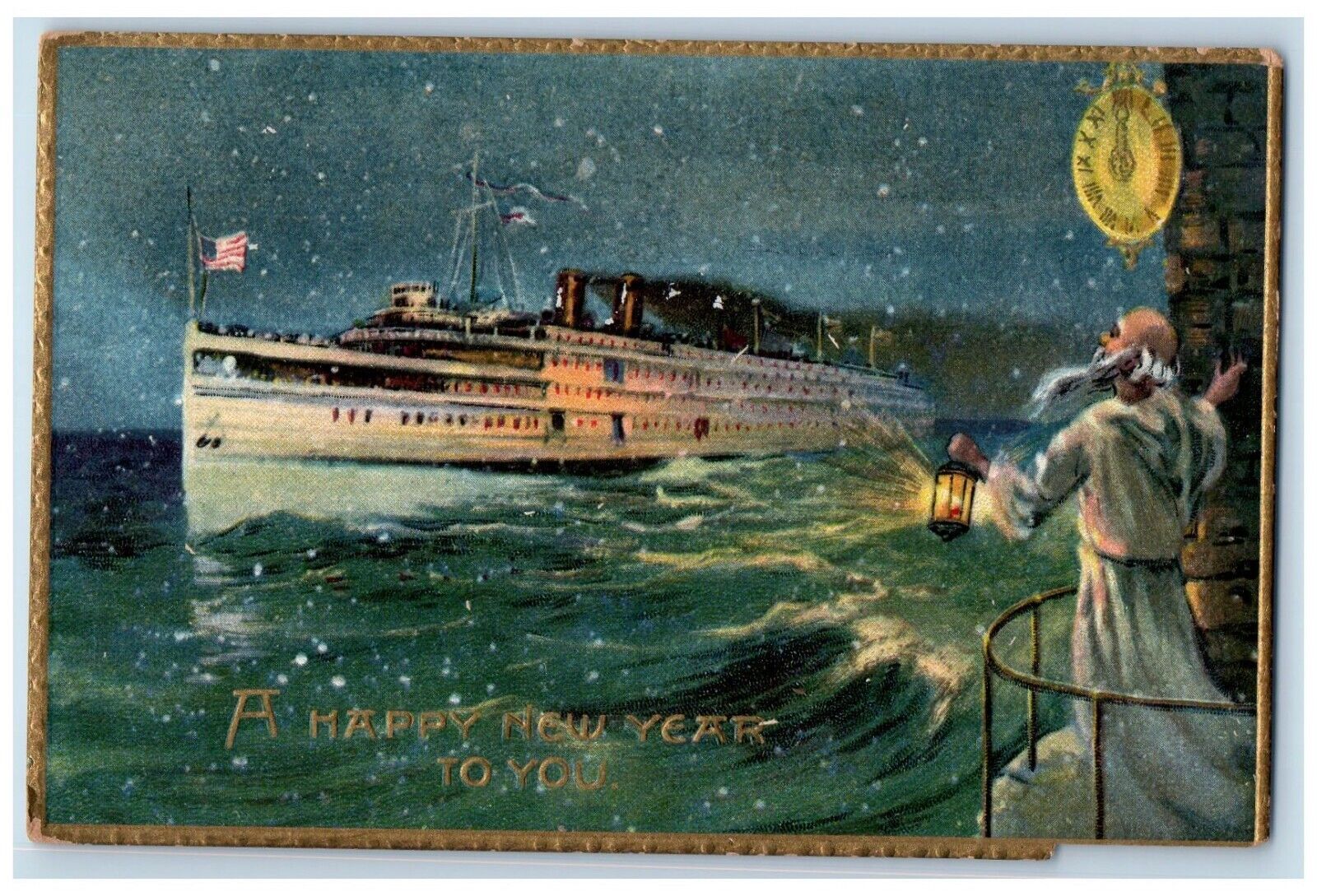 1917 Happy New Year Old Man Lantern Steamer Ship Posted Antique Postcard