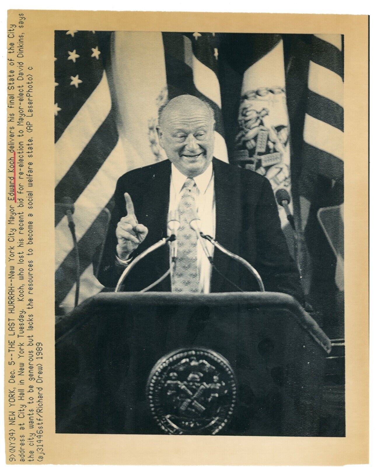 Vintage New York Mayor Edward Koch 12/05/1989 Wire Press Photo TSPP-5