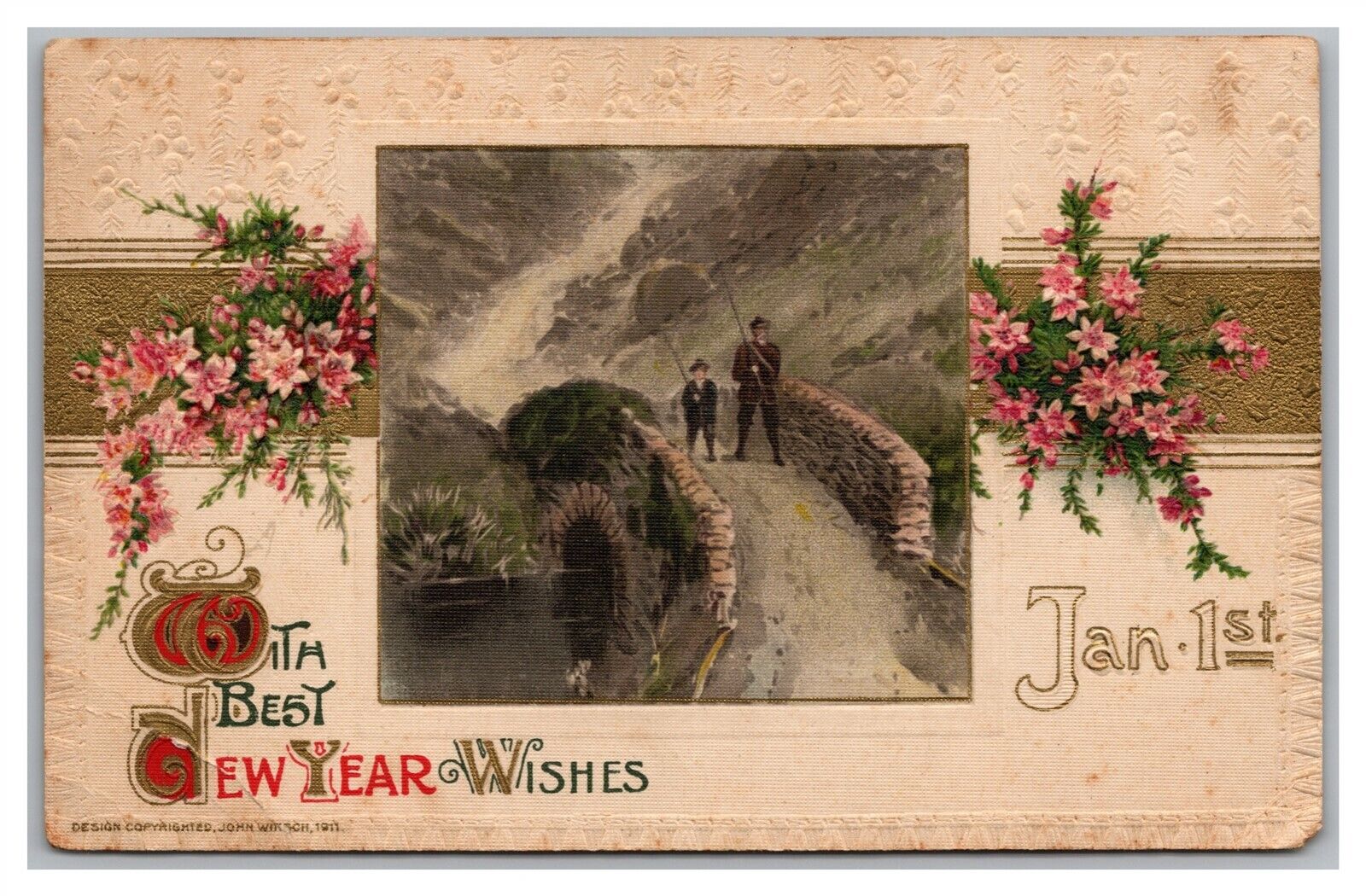 Postcard New Year Best New Year Wishes Father Son Stone Bridge Winsch c1911 L24