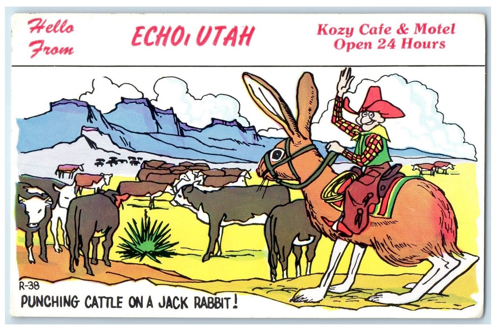 c1940\'s Hello From Kozy Cafe And Motel Rabbit & Cows Echo Utah Unposted Postcard