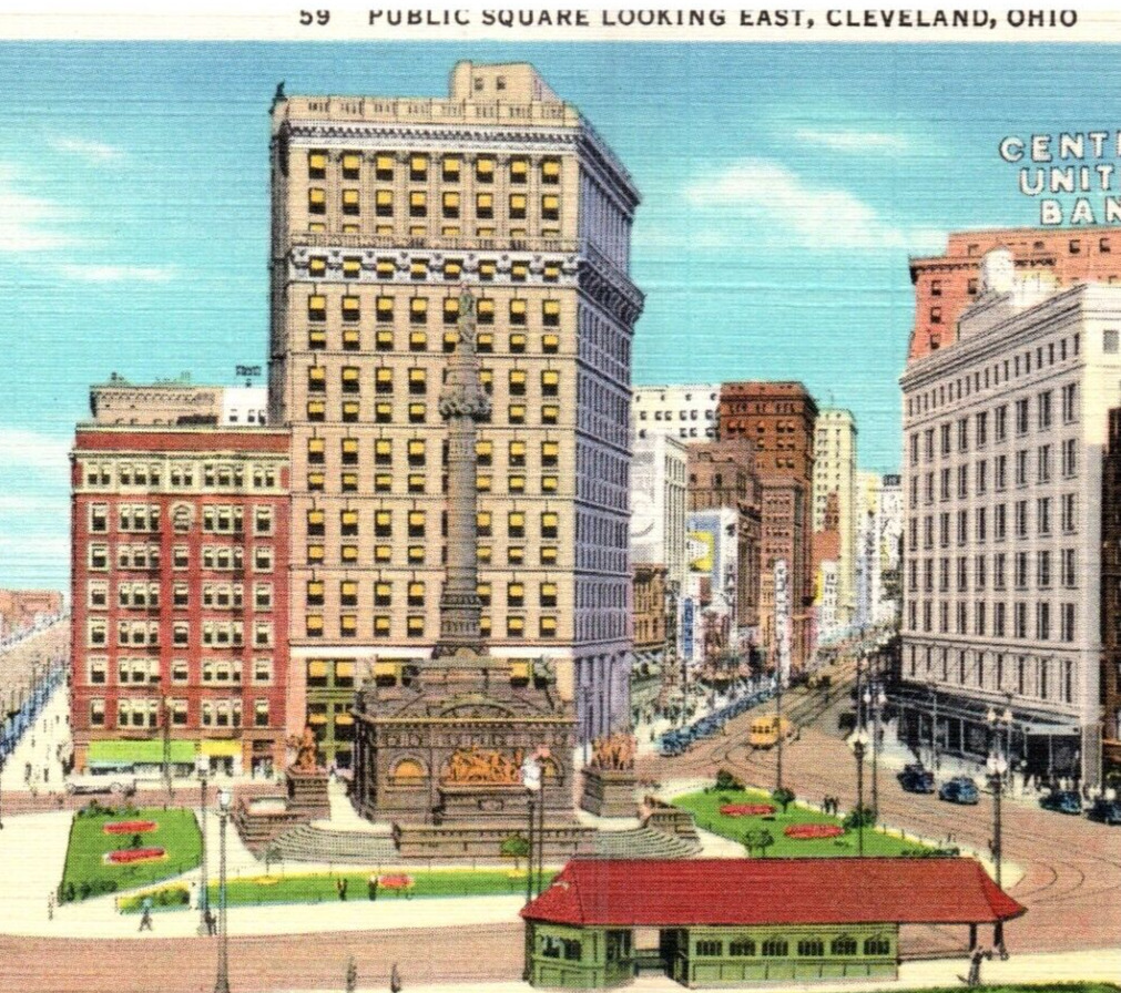 1934 Postcard, Cleveland, Ohio, Public Square, Monument, Autos, People-OH383