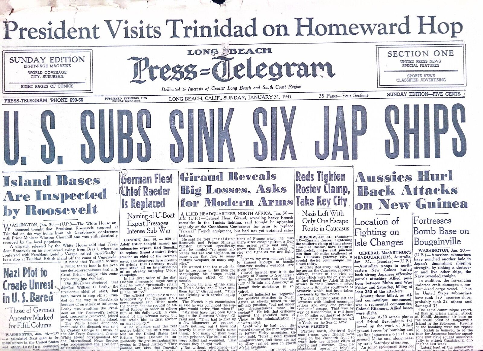 Long Beach Press Telegram January 31, 1943 US Subs Sink Six Jap Ships