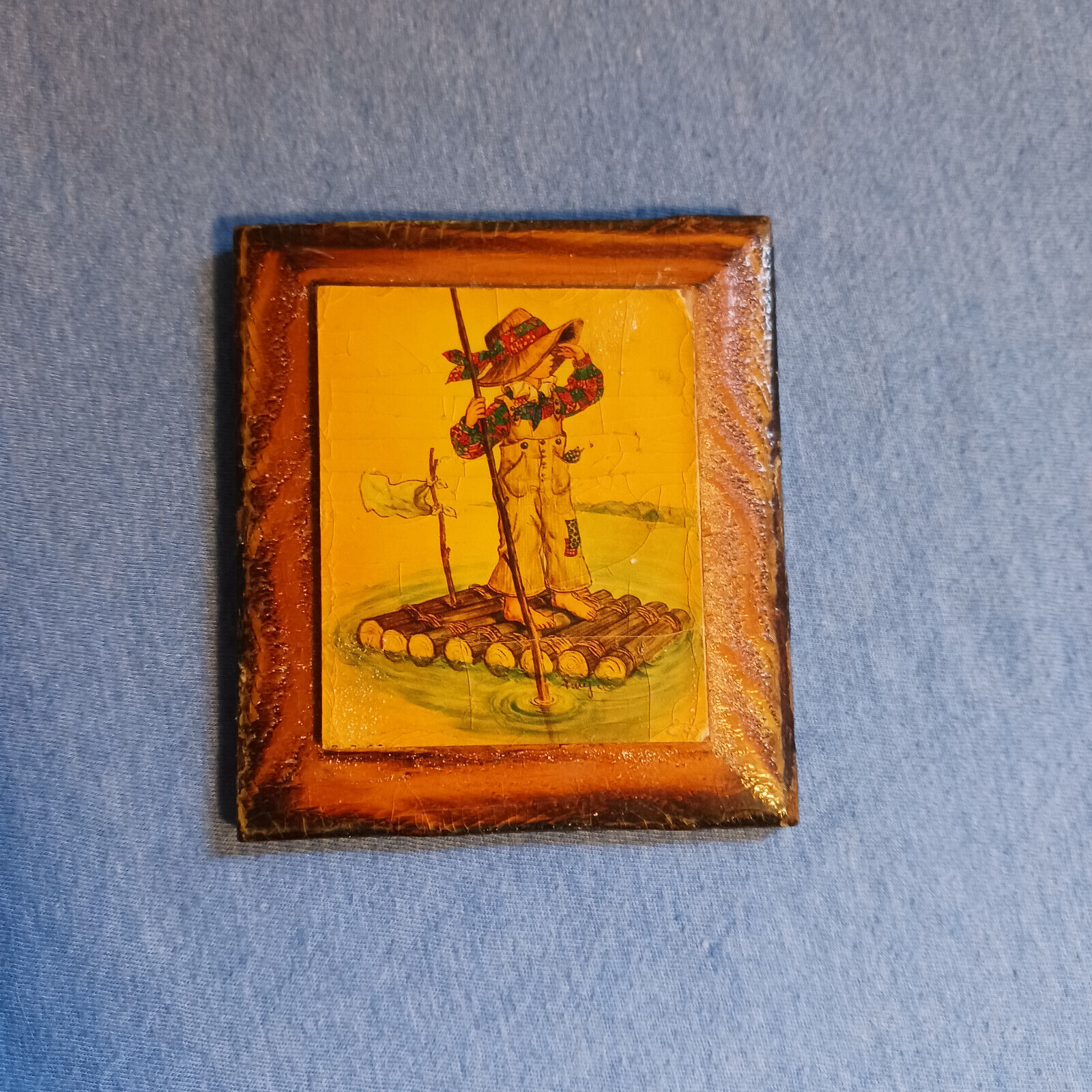 AMY MINI WOOD PRINT - Vintage Pathwork Kids Wood Plate, Raft Scene, 3.5 inch
