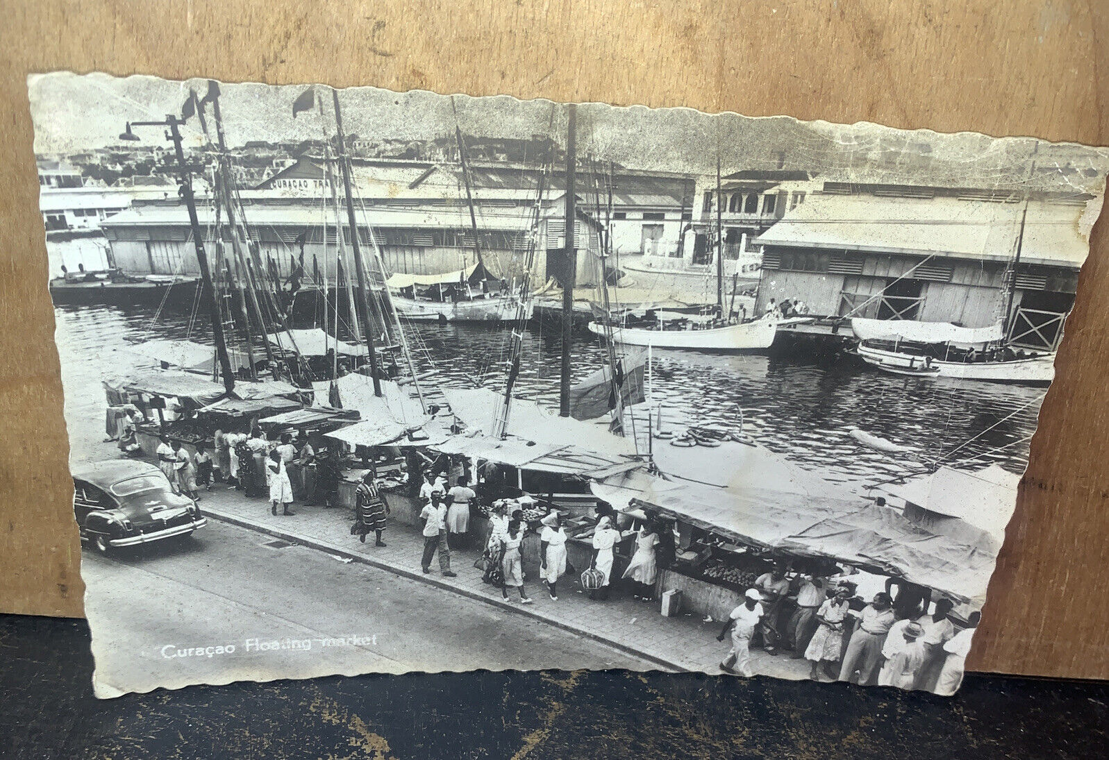 Curacao Floating Market -Postcard- Old Car, Venders, Boats RPPC