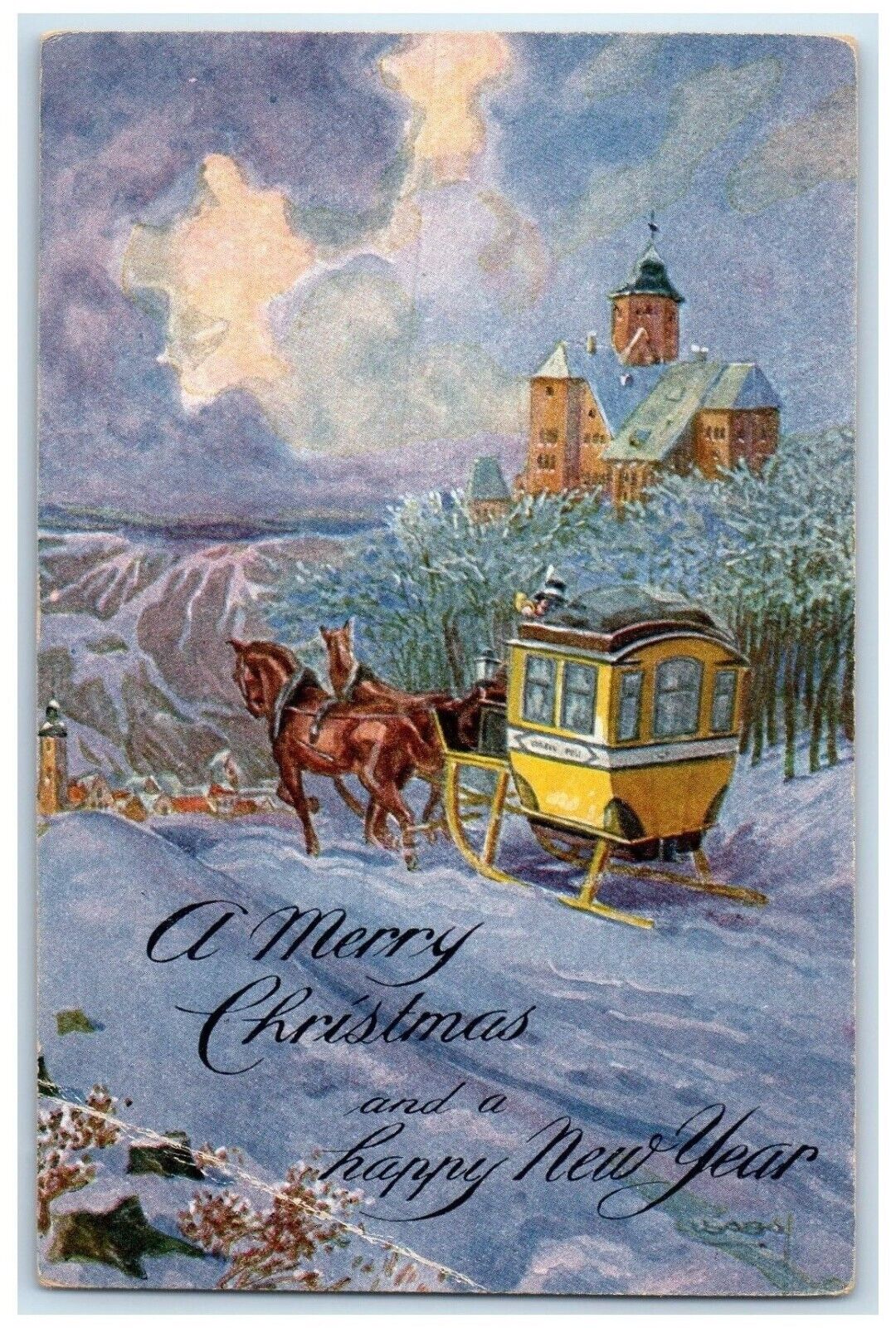 c1910's Christmas Horse Carriage Winter House Church Unposted Antique Postcard