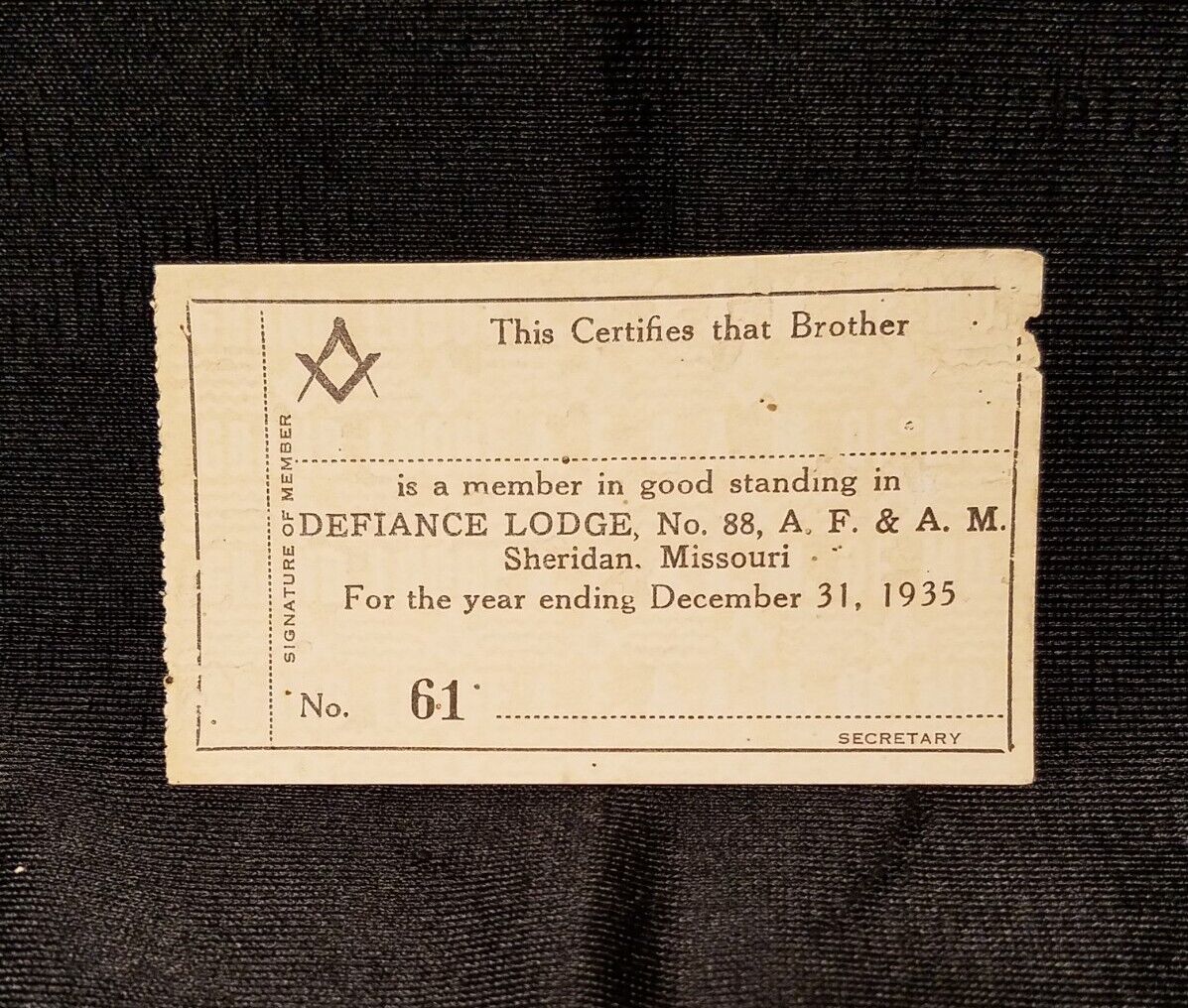 1935 Freemasonry Masonic Membership Card, Sheridan, Missouri - Defiance Lodge 