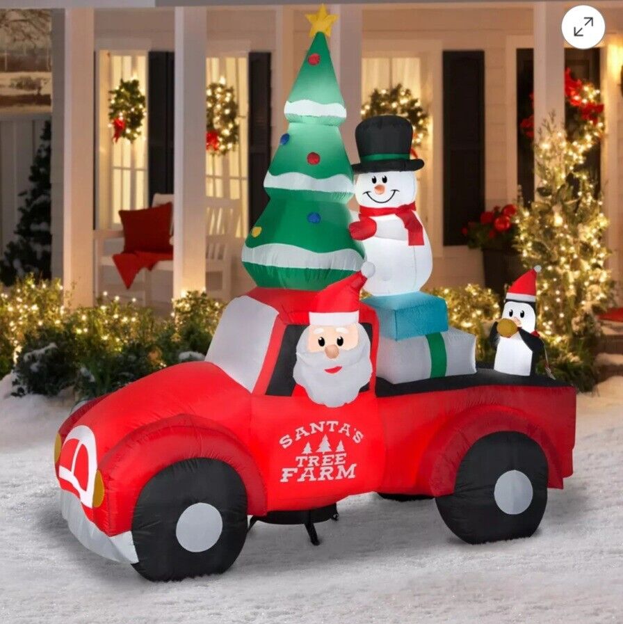 Holiday Time Santa in Red Vintage Truck Christmas Inflatable 8 Feet Yard Decor