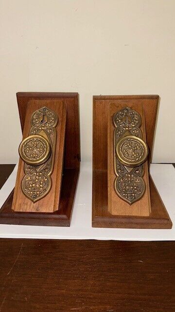 Walnut Bookends w/Door Knobs/face Plates Brass 8”x8” , Custom Made, Unique