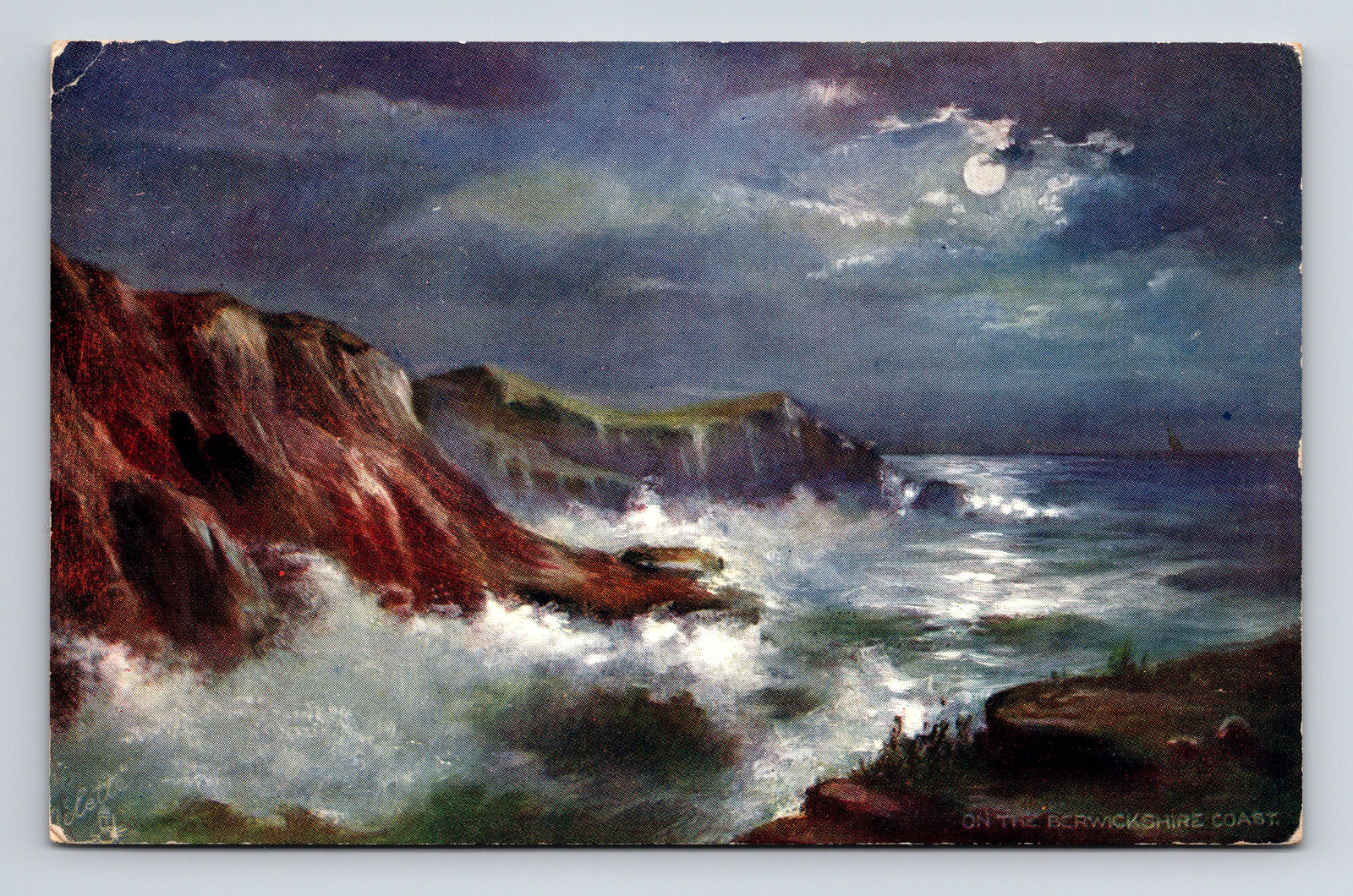 c1905 Scottish Rough Seas Berwickshire Coast by Moonlight Tuck Oilette Postcard