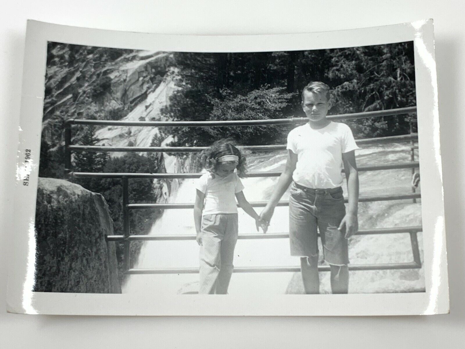 AfC) Found Photo Photograph Snapshot Vintage Boy & Girl Siblings Waterfall