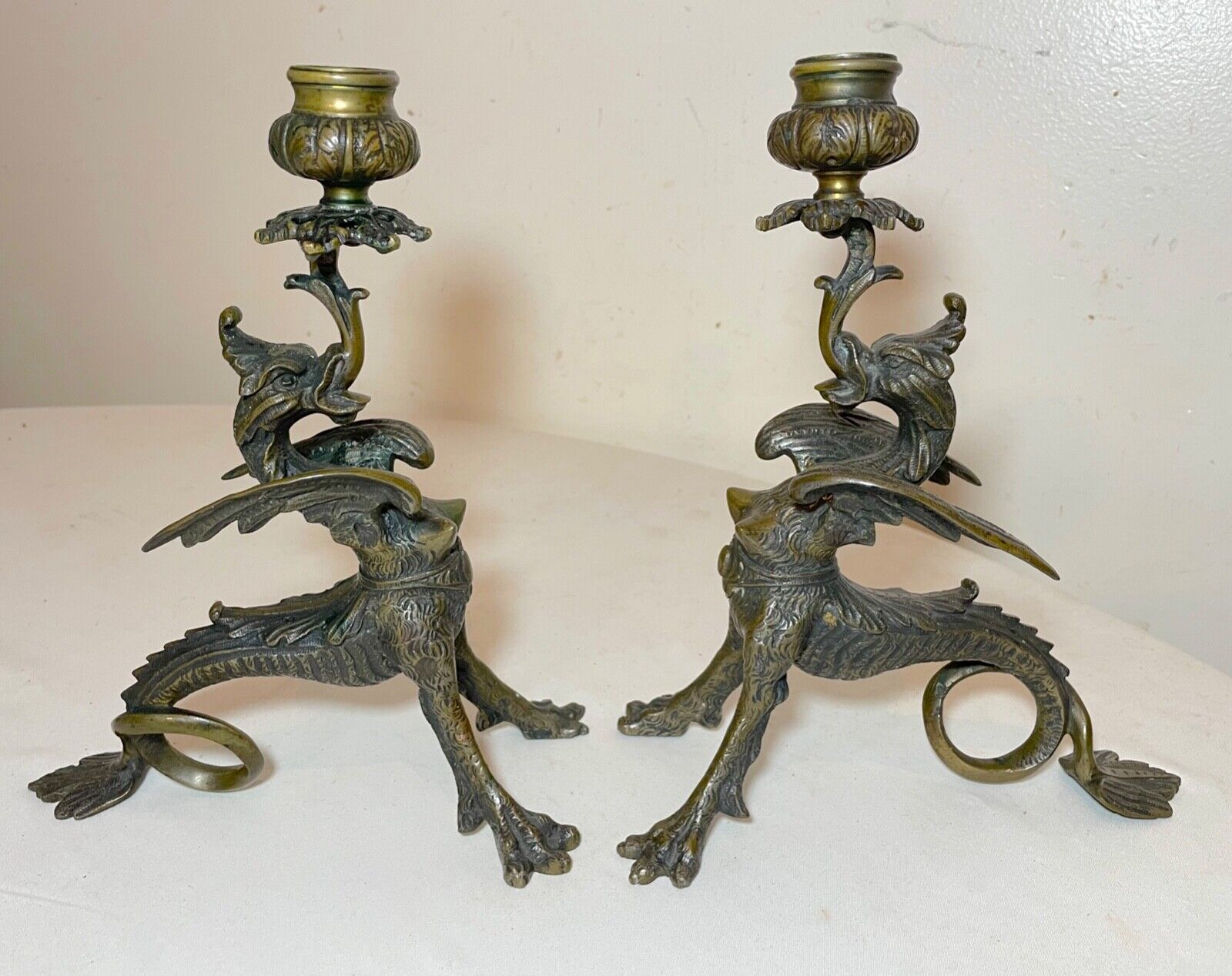 pair of antique 1800\'s dragon griffin ornate bronze candlesticks candle holders
