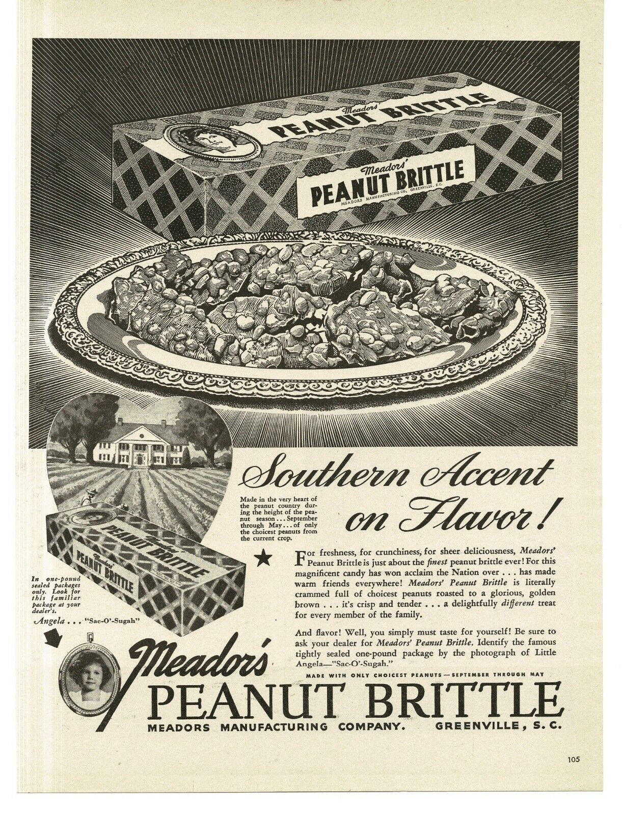 1946 Meador\'s Peanut Brittle Candy Vintage Print Ad engraving art