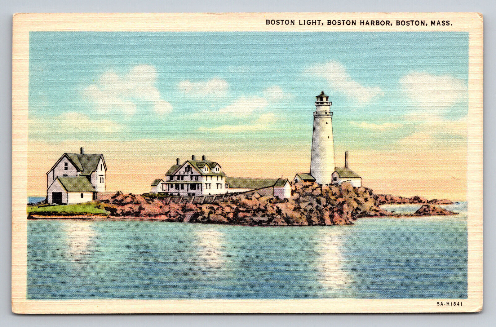 Boston Light Boston Harbour Boston Mass Lighthouse Linen Unposted Postcard