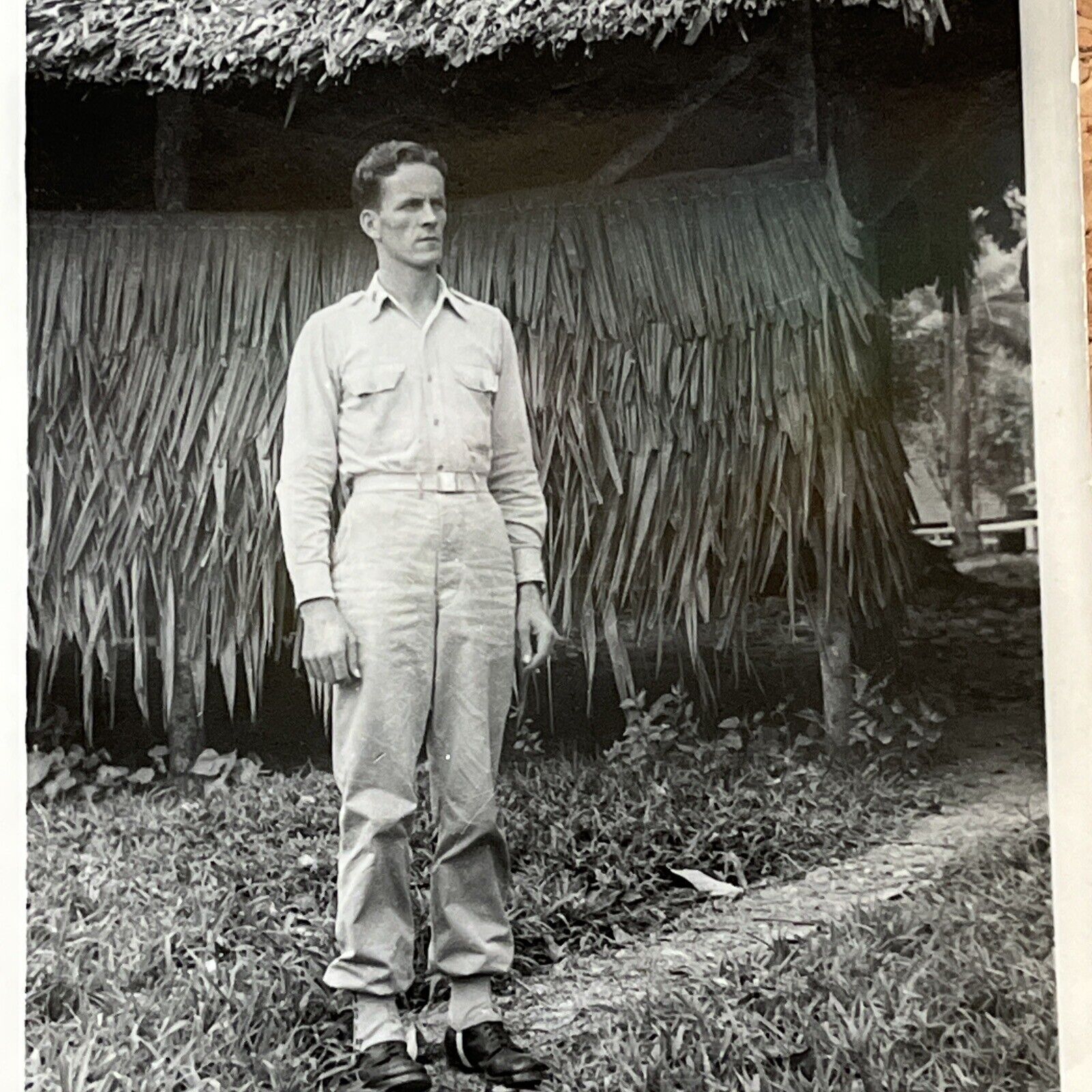 TALL HANDSOME ARMY MAN by STRAW HOUSE HUT 1940's photo Military GAY INT