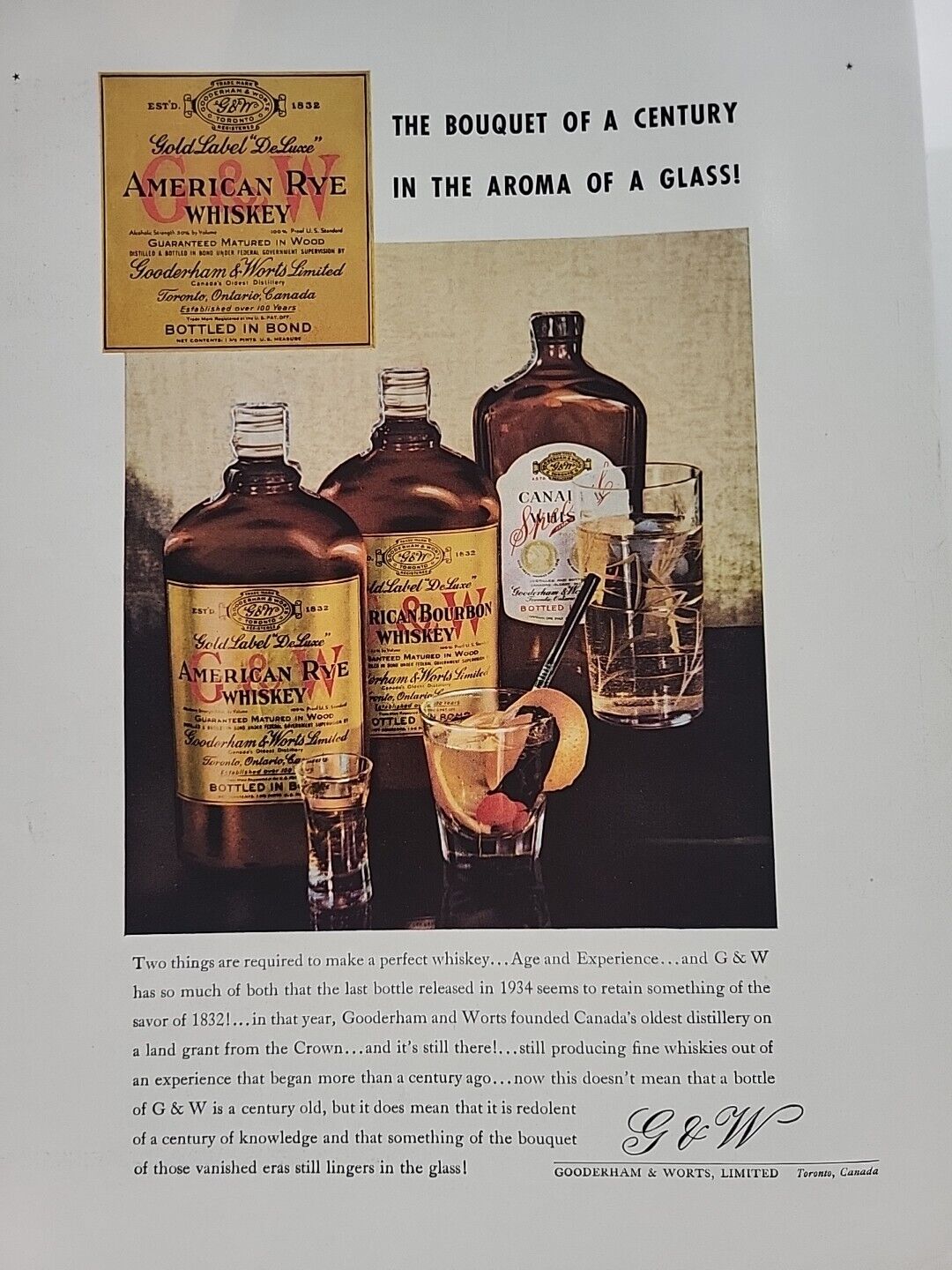 1934 G&W American Rye Whiskey Fortune Magazine Print Advertising Gooderham Worts