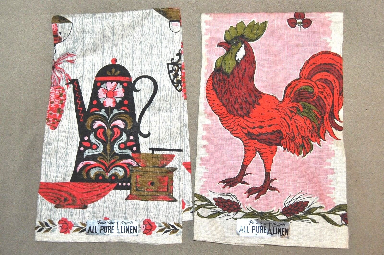 RARE Vintage Parisian Prints 2 Tea Towels All Pure Linen Towels UNUSED