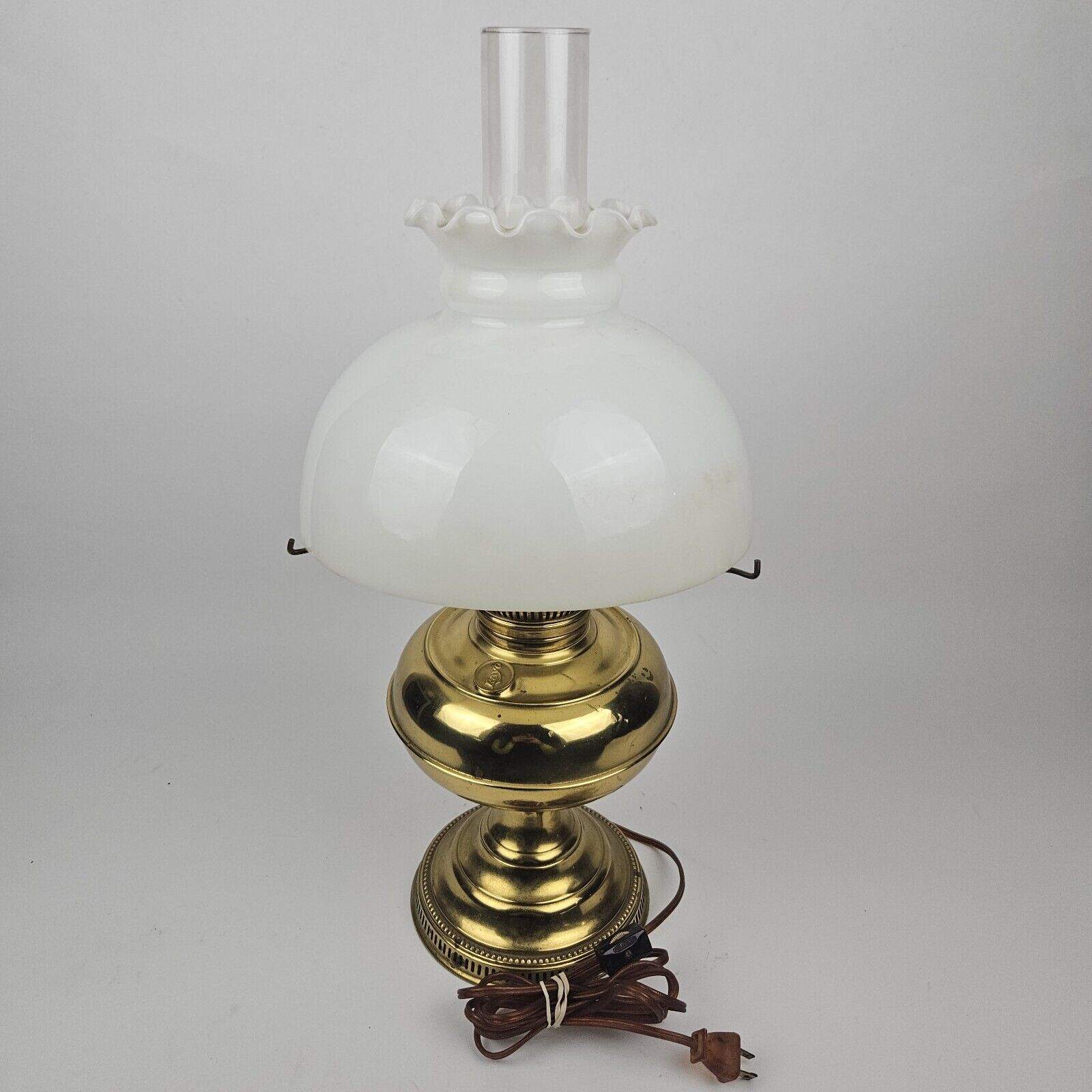 Vintage Rayo Electrified Oil Lamp w/ glass Chimney &  Milk Glass Shade Beautiful