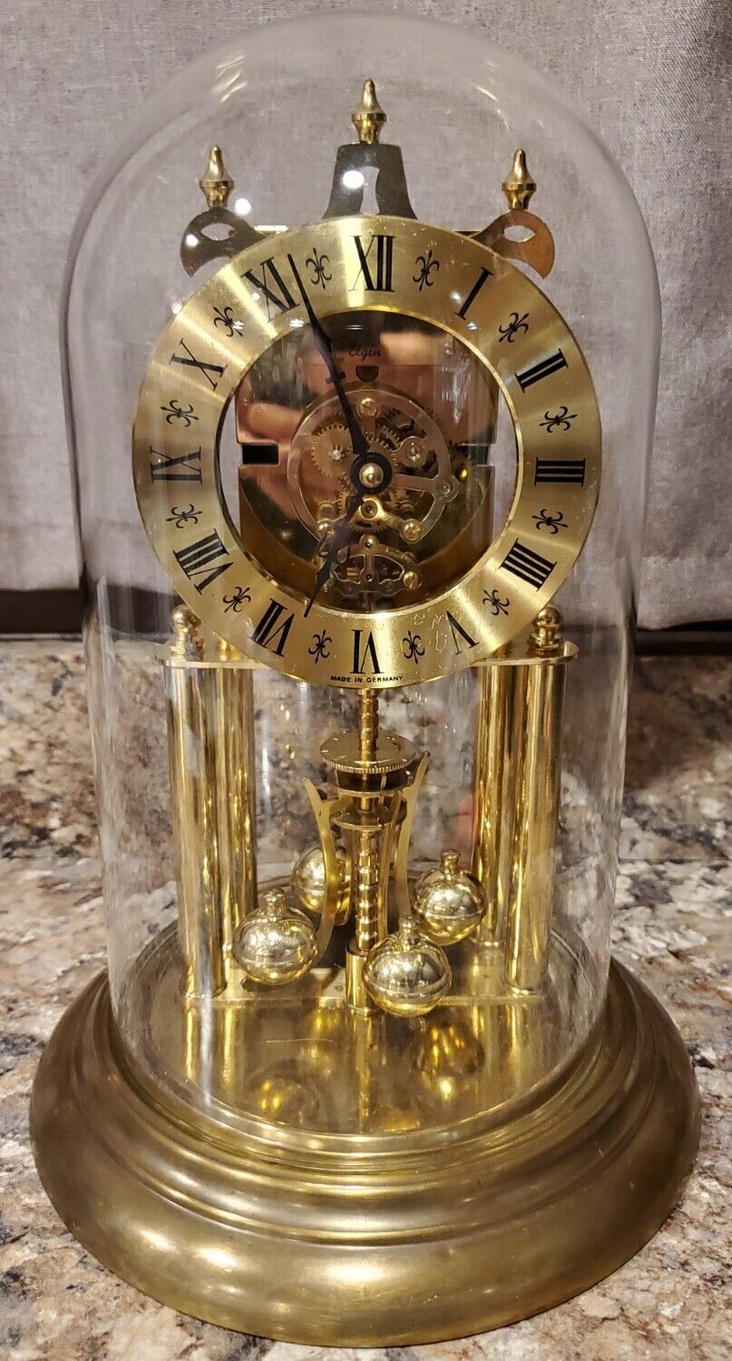 Vintage Elgin S Haller 400 Day Skeleton Brass Gold Clock Glass Dome No Key NICE 