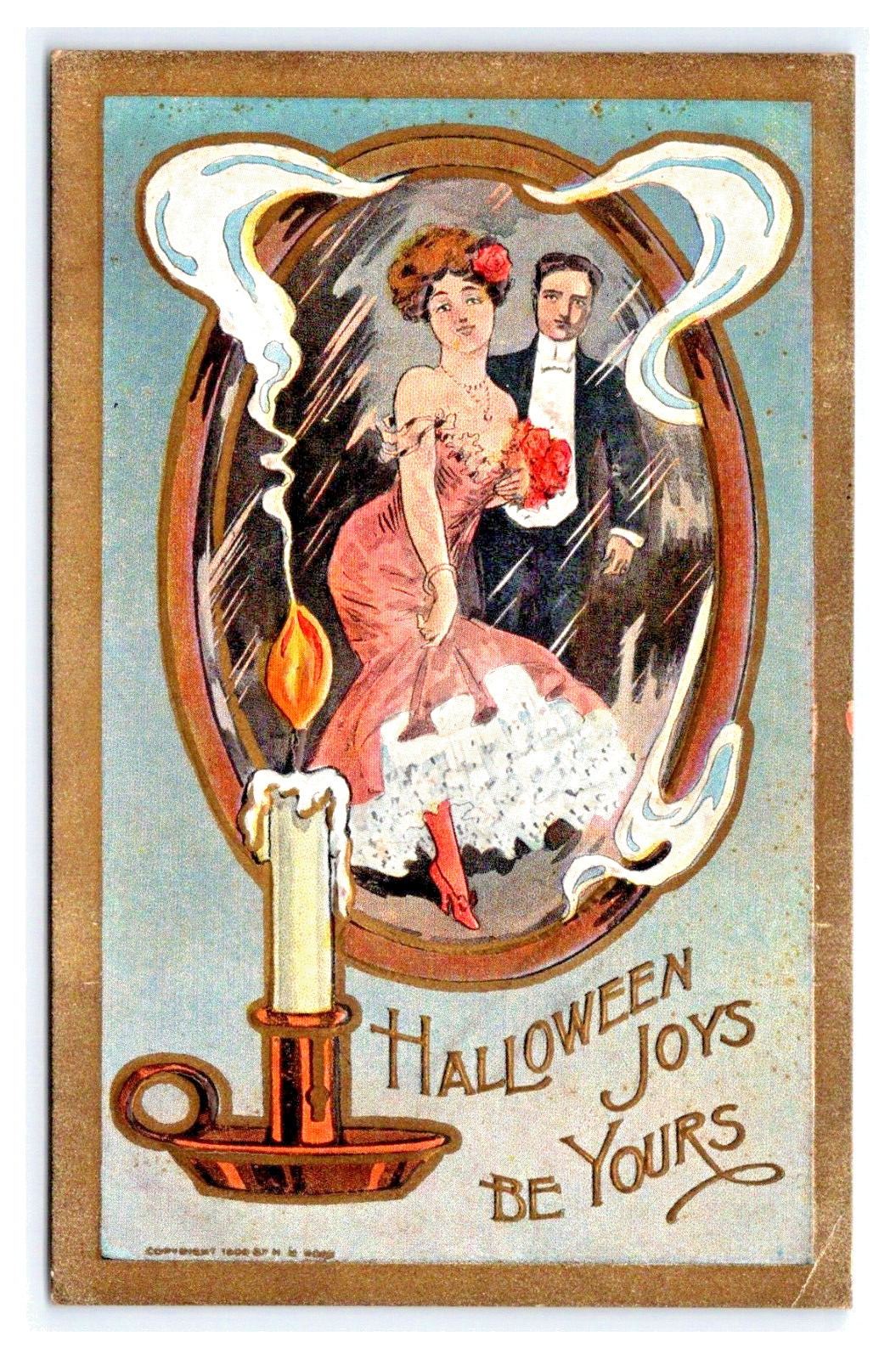 Halloween Joy Be Yours Embossed TR Halloween Postcard Woman,man Mirror Candle
