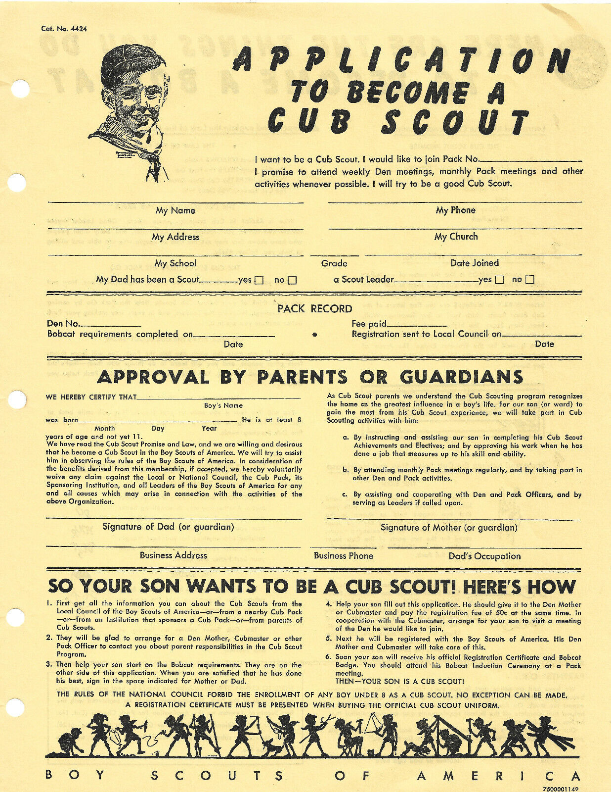 OLD Application to Become A Cub Scout / BOBCAT Info Vintage Catalog Number 4424