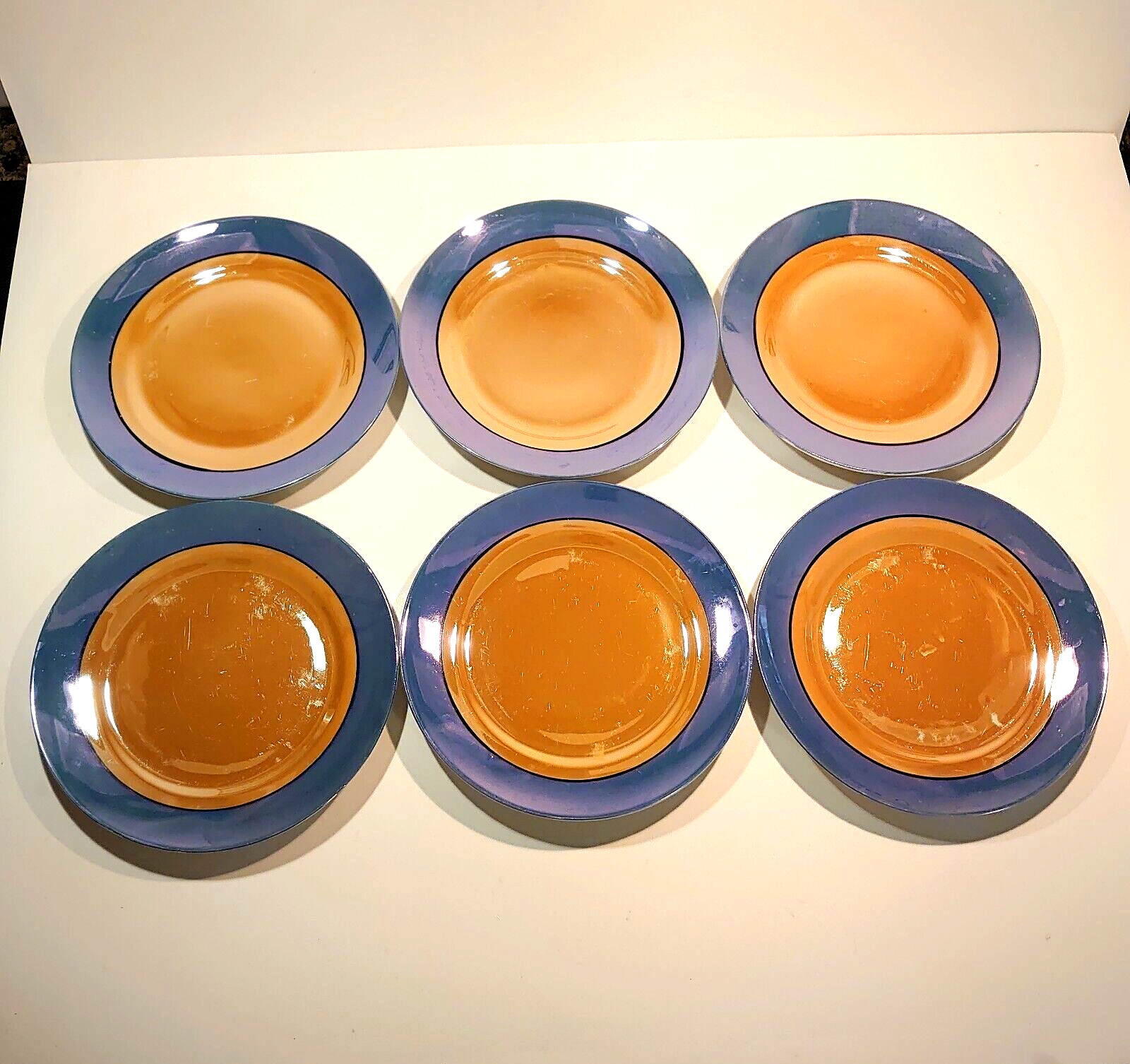 Vintage Peach And Blue Lusterware 7 1/4” Salad / Dessert Plates Set Of 6 Japan