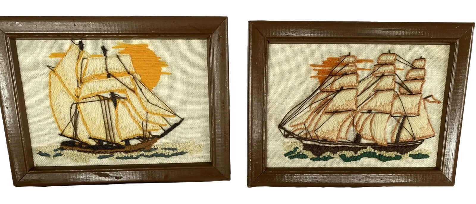 Vtg Nautical Ships Sunset 6”x 8”Framed Cross Stitch Needlepoint Wall Art