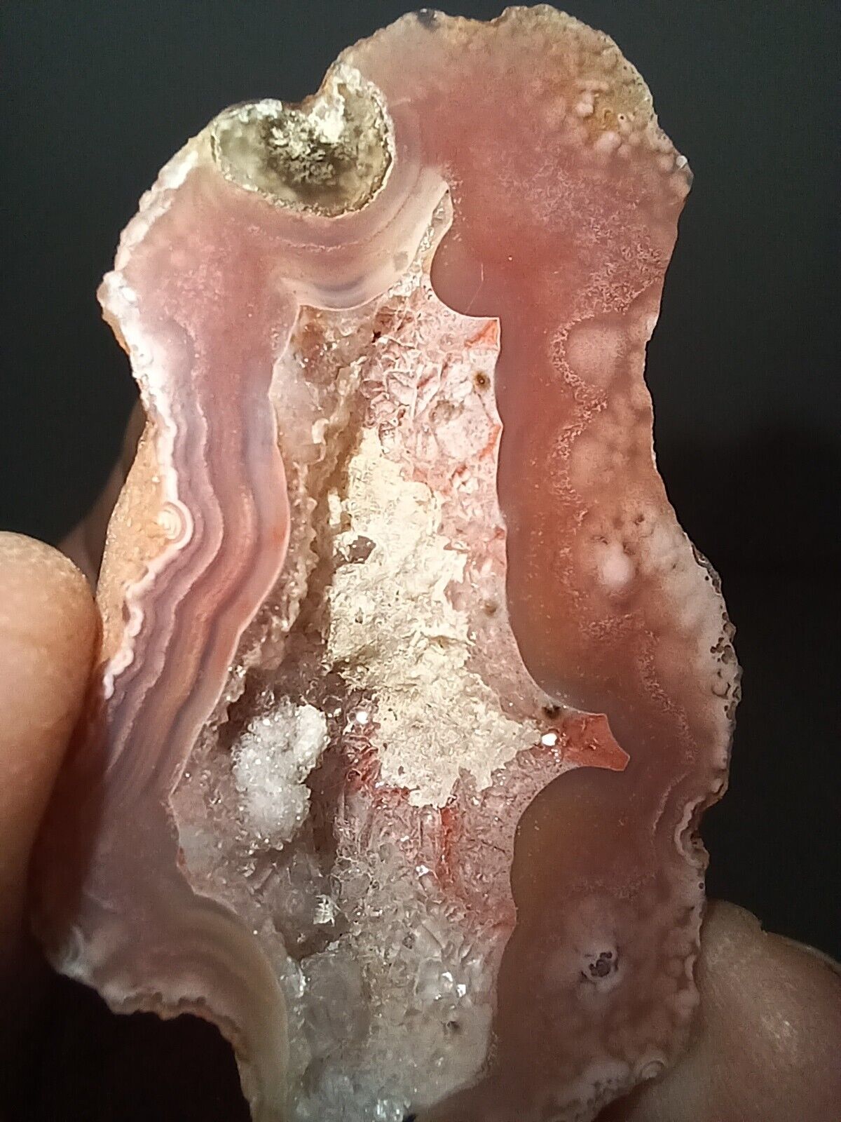 Pretty Pink Banded Agate end slice geode druzy interior
