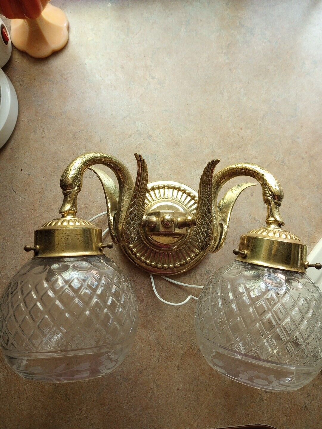 Gorgeous Gold Double Swan Light With Etched Glass Globes, Made In Italy