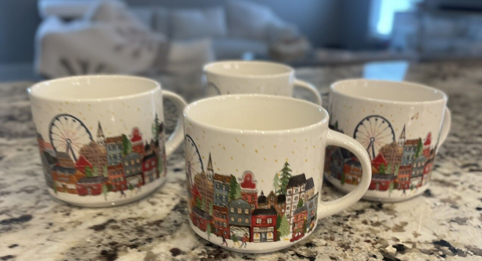 Pottery Barn Christmas in the City Stoneware Mug Coffee Cup 12 oz (Set Of 4) EUC