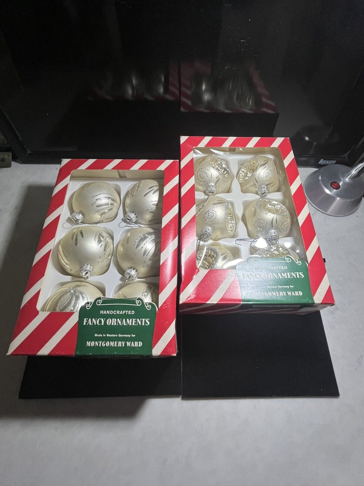 2 VINTAGE WEST GERMANY GLASS ORNAMENTS HANDCRAFTED MONTGOMERY WARDS W/BOX