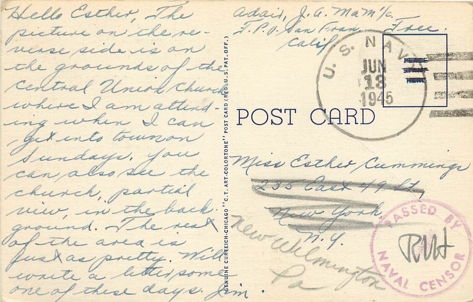 US Navy Cancel 1945 Hawaii Postcard Golden Shower Honolulu Central Union Church